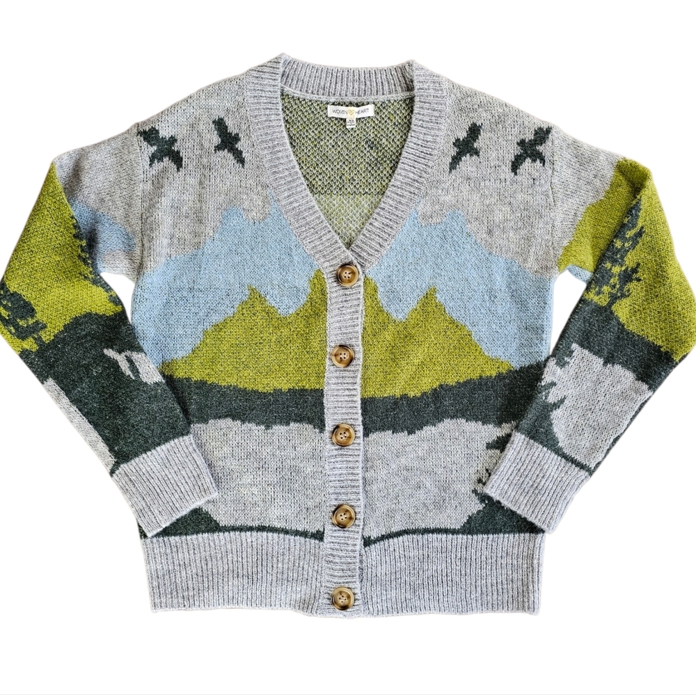 Woven Heart Nature Mountain Scene Soft Wool Blend Knit Cardigan Sweater - Picture 1 of 8